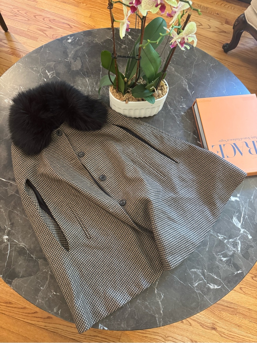 Zara Black & Gray Houndstooth Cape with Black Faux-Fur Collar (removable)